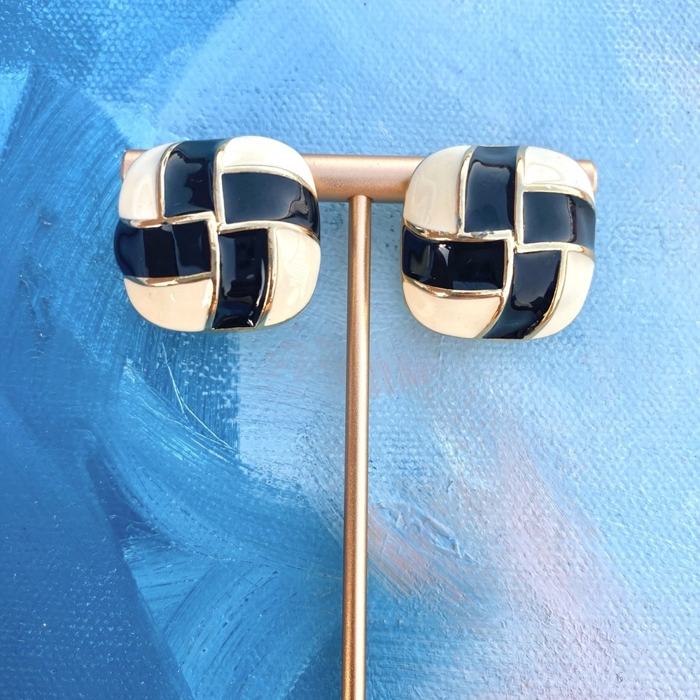 80s Vintage Alison Reed Black Enamel Gold Tone Statement Earrings